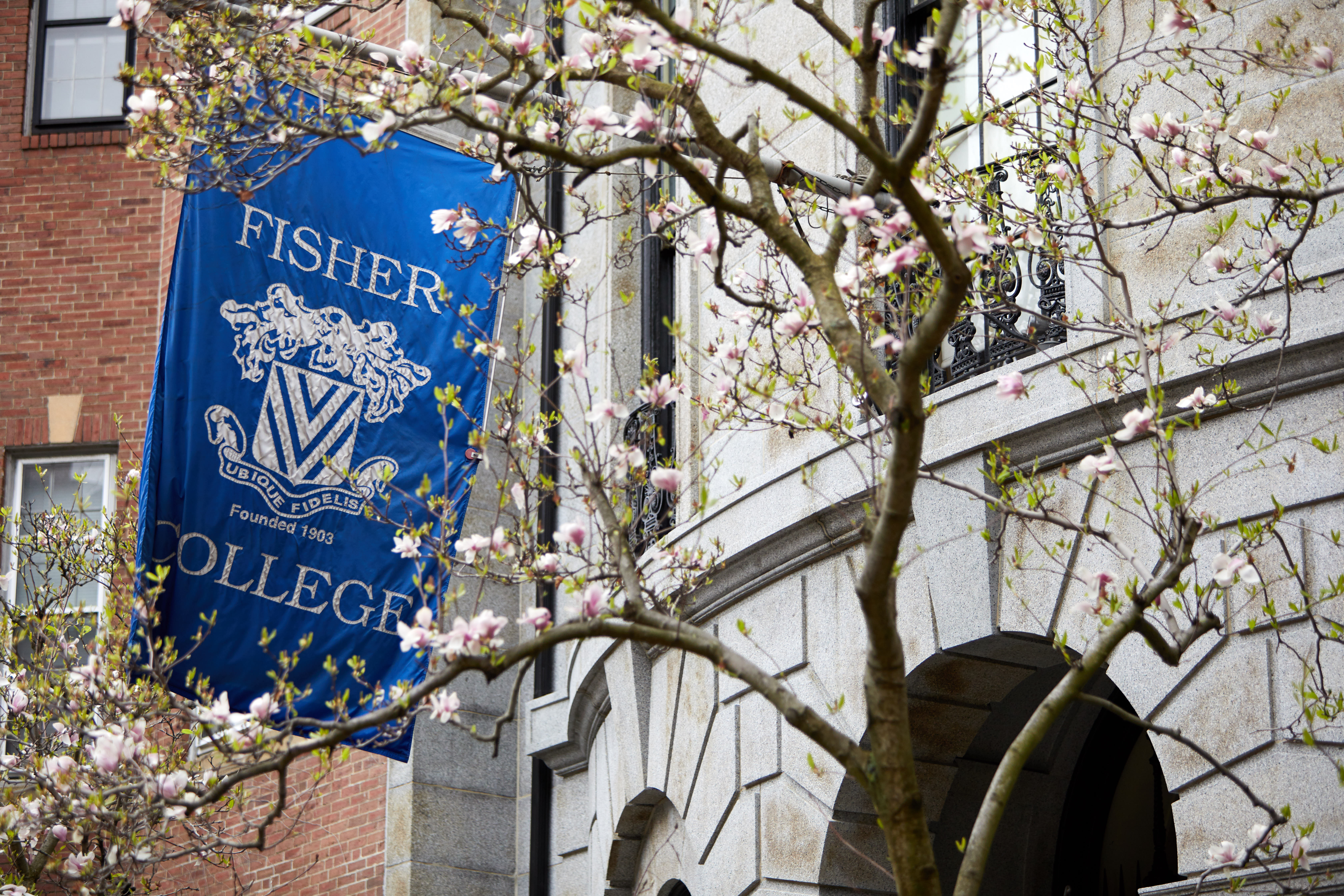 Fisher College Entrance with the Cherry Blossoms
